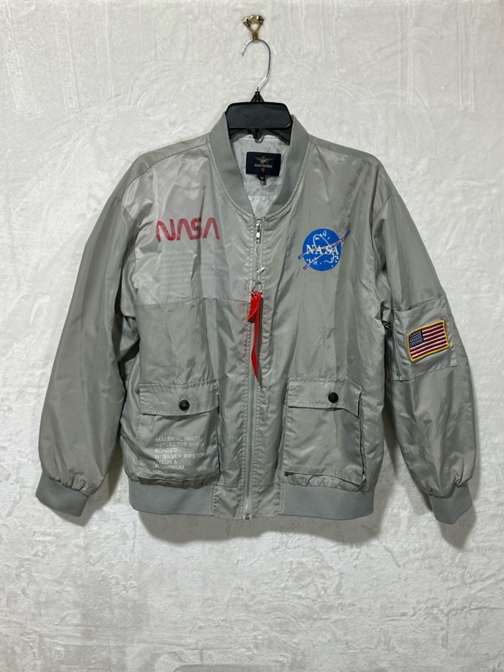 NASA Asstseries Gray Logo zipper patch detail bomber varsity jacket size Medium